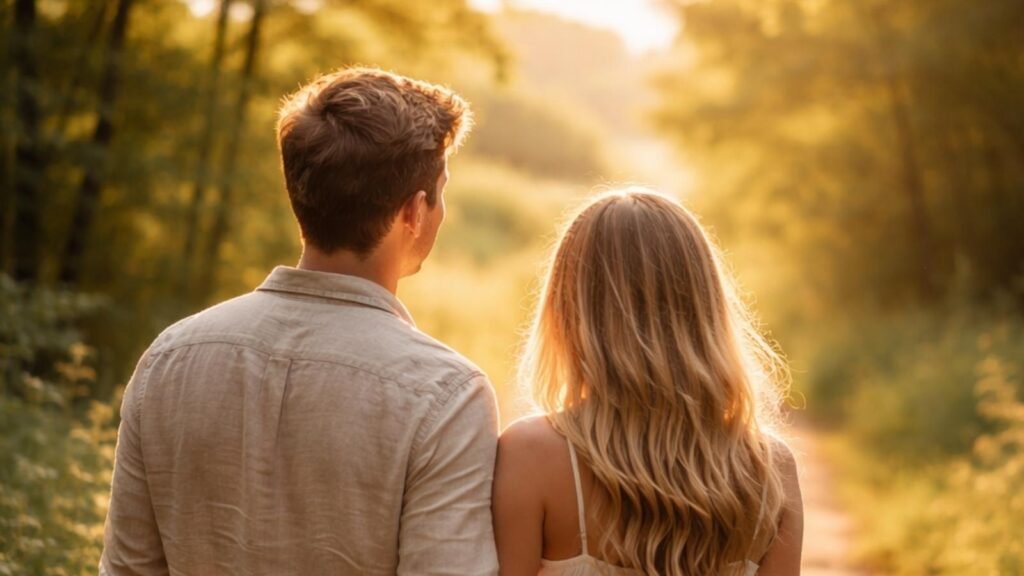 jA newly engaged couple walking together at sunset, beginning their wedding journey in Ireland