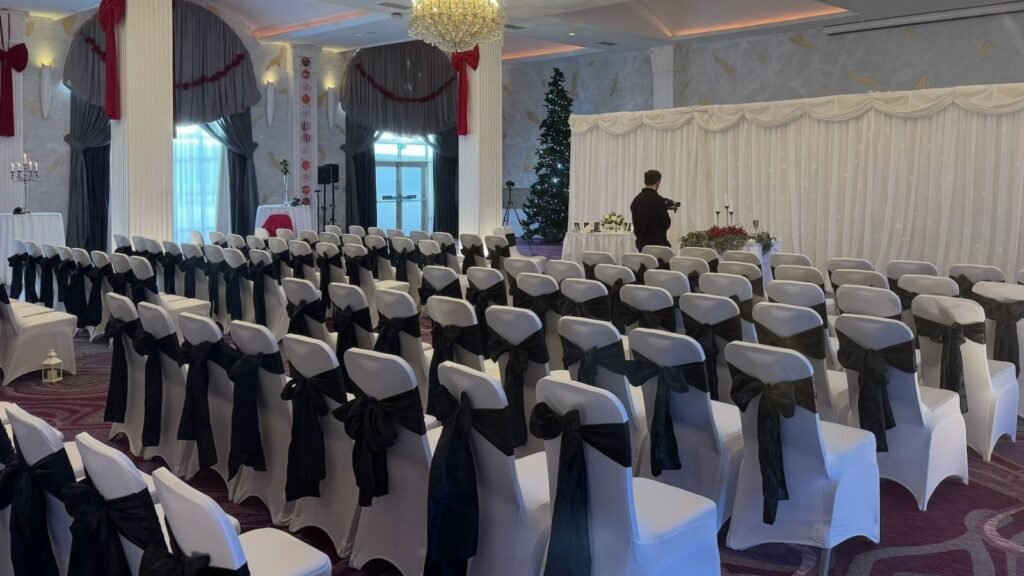 Indoor ceremony room prepared in advance of a legal marriage ceremony in Ireland