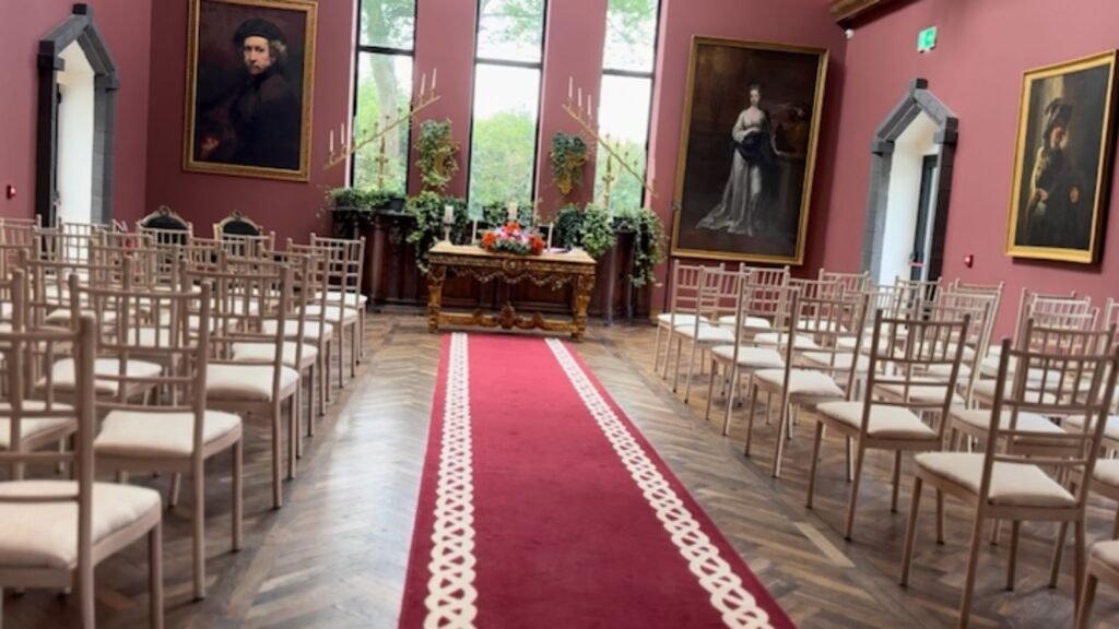 Interior of a venue prepared for a legal marriage ceremony in Ireland.