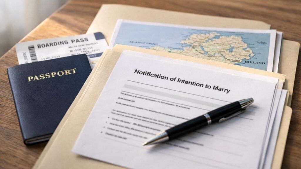 Passport and marriage notification documents for couples planning a legal wedding in Ireland from overseas