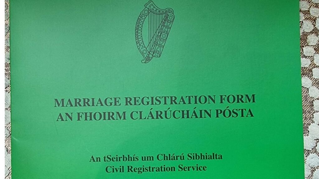 Marriage Registration Form (MRF) issued by the Irish Civil Registration Service