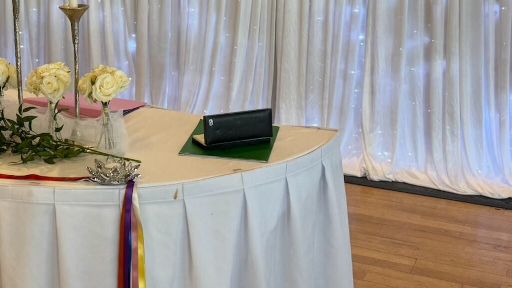 Signing table prepared for the legal marriage paperwork in Ireland.