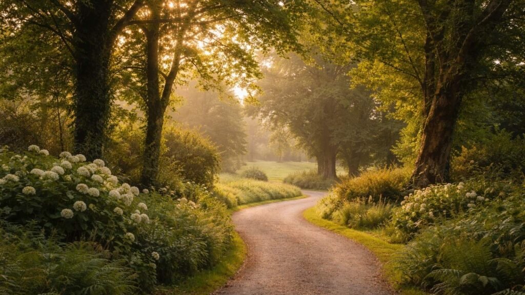 A quiet tree-lined path in Ireland symbolising clarity and calm for couples overwhelmed with wedding planning