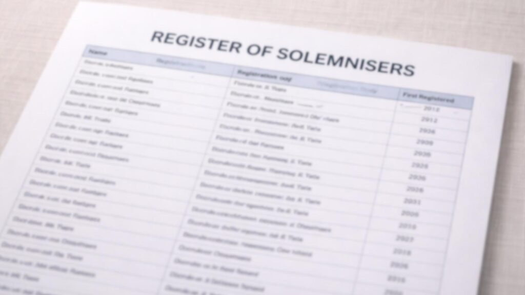Extract from the Irish Register of Solemnisers showing registration dates, with personal details blurred