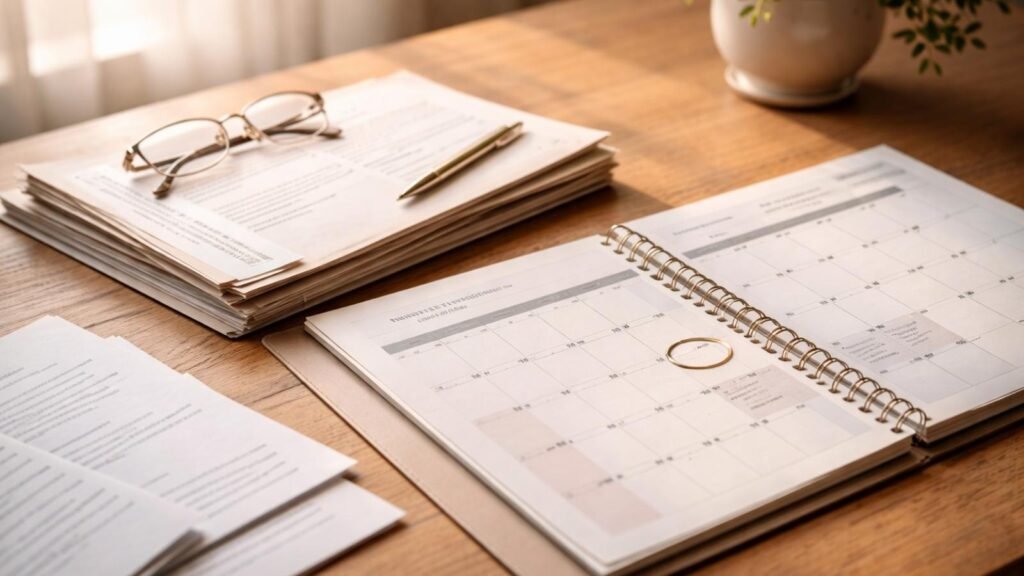 Wedding planning desk showing calendar, paperwork, and documents related to Ireland’s three-month marriage notice period
